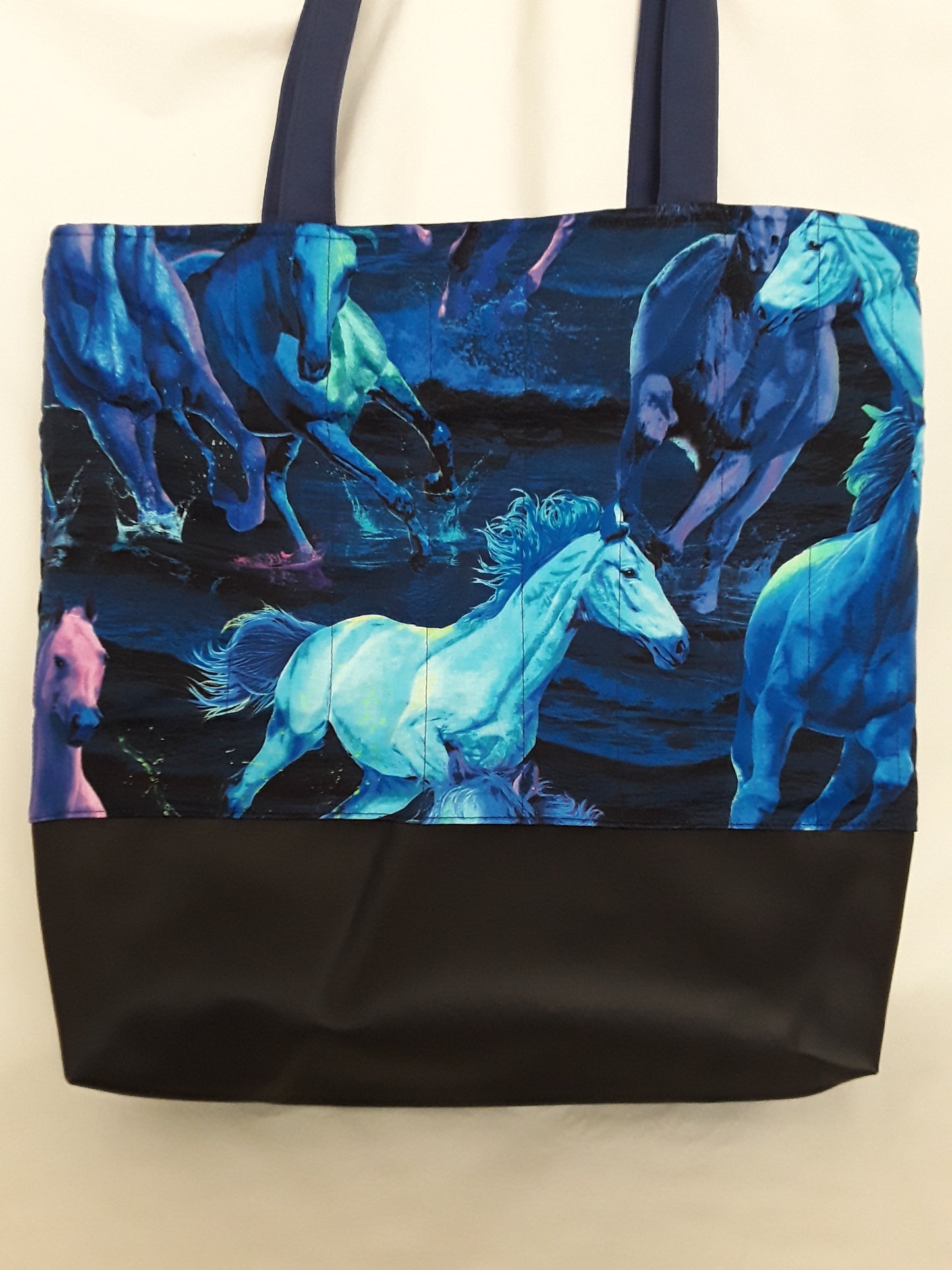 Tote Bag, Blue and Lilac Horses Tote Bag, Quilted Tote Bag, Horse Tote Bag