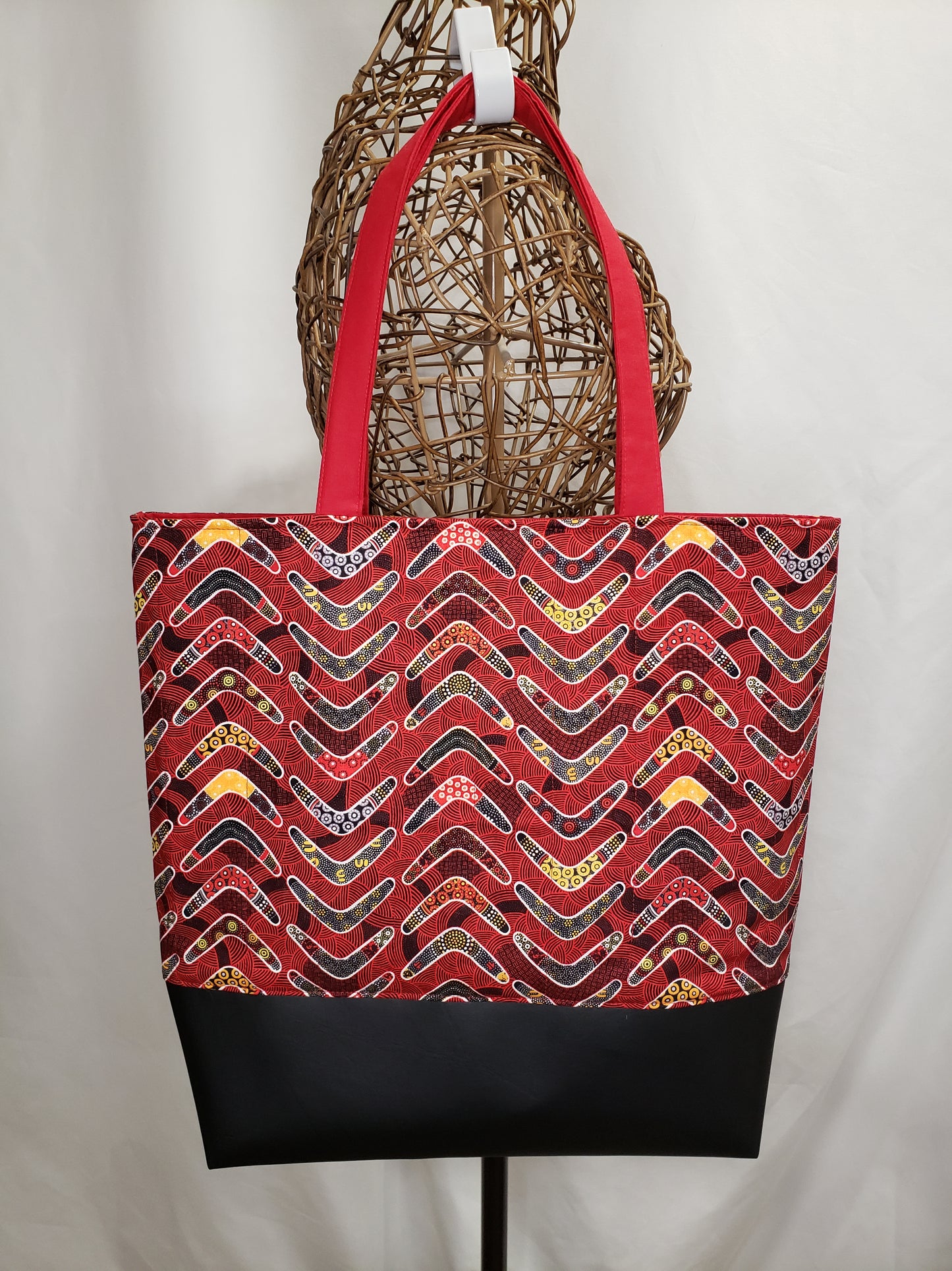 Tote bag, Red Tote Bag, Boomerang Tote Bag, Red & Black Project Tote, Indigenous Tote Bag, Large Carry Bag, Quilted Tote Bag