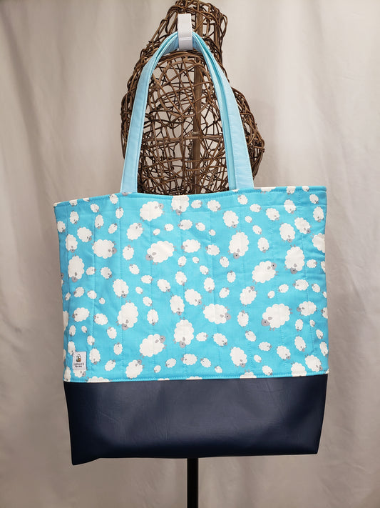 Blue Sheep Tote Bag, Quilted Tote Bag, Sheep Tote Bag