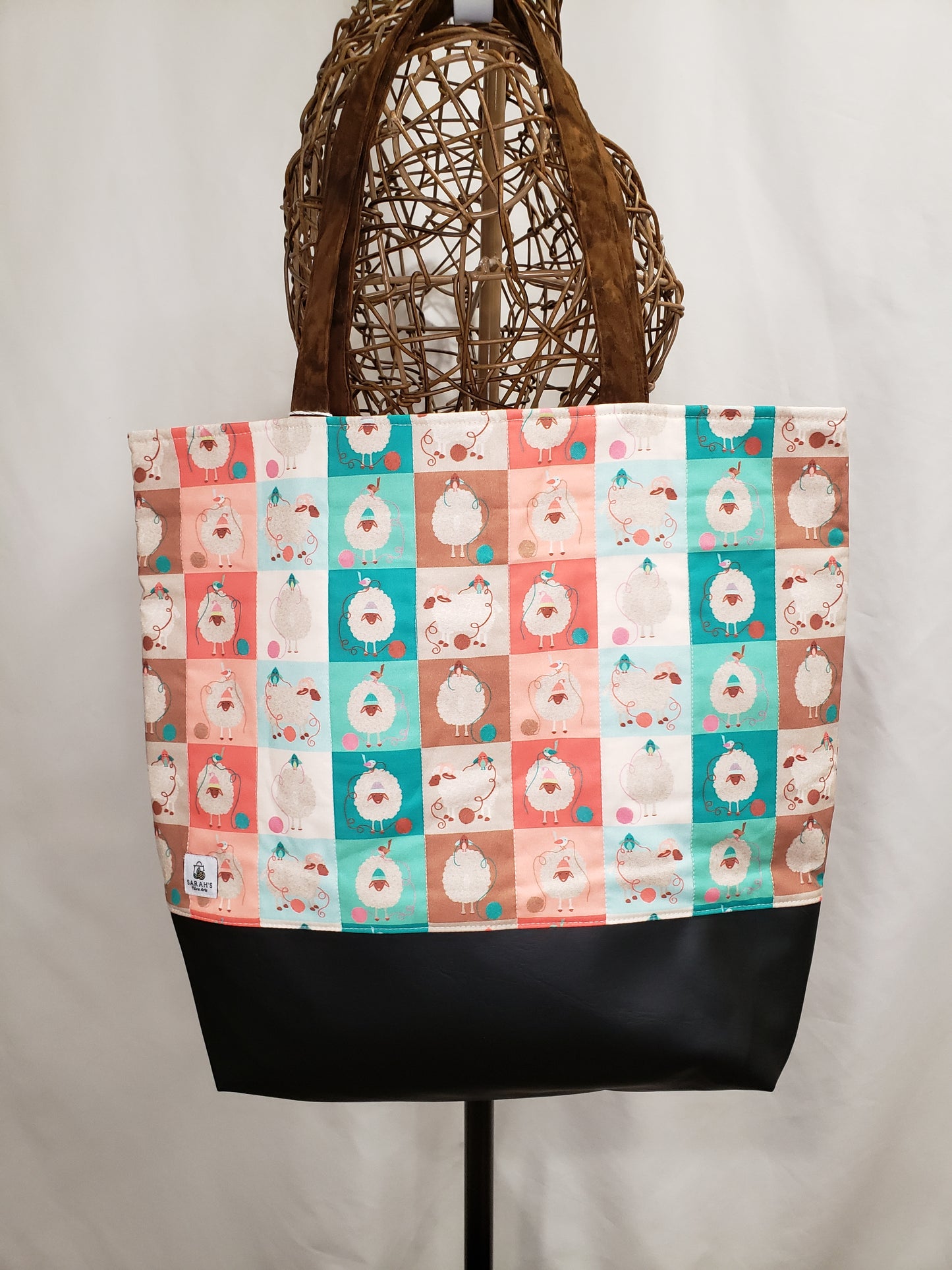 Tote Bag, Knitting Sheep Tote Bag, Quilted Tote Bag, Sheep Tote Bag