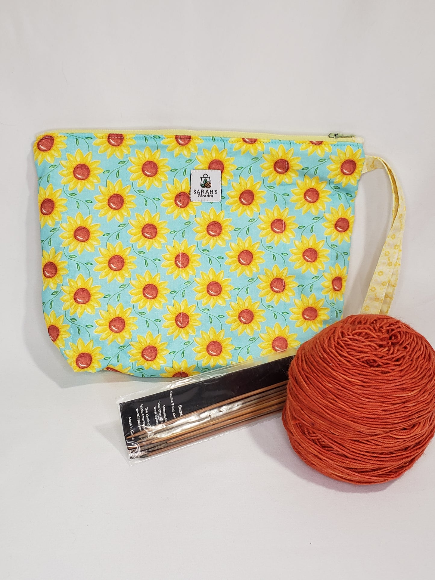 Zippered bag, Sunflower project bag with handle, Sunflower cosmetics bag, Sunflower small project bag, Cosmetics bag, Zippered bag with handle
