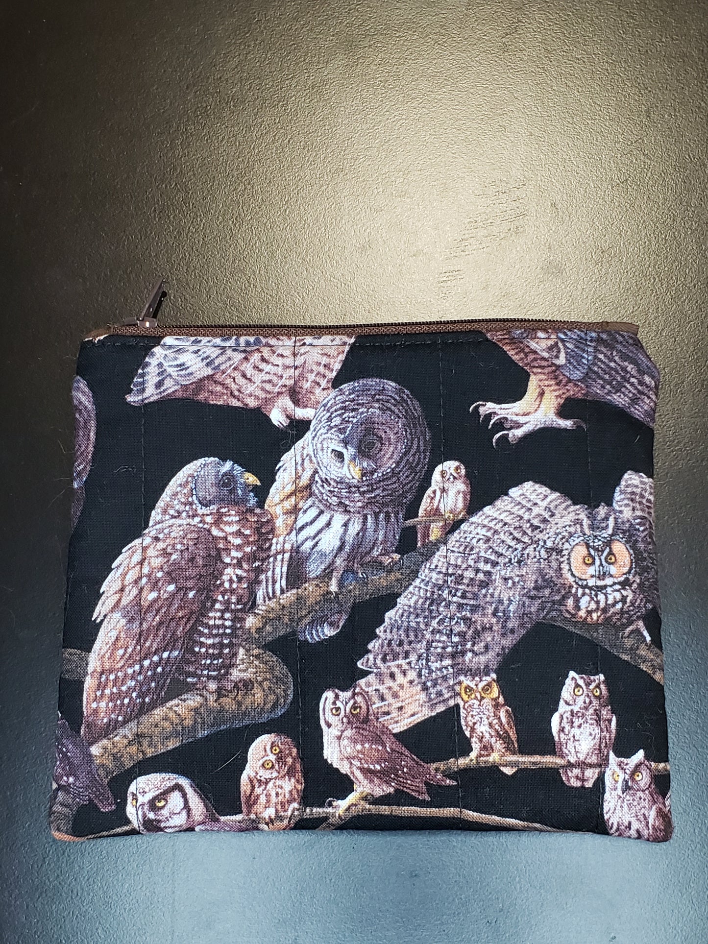Zippered pouch, Owl notions bag, Owl coin purse, black coin bag