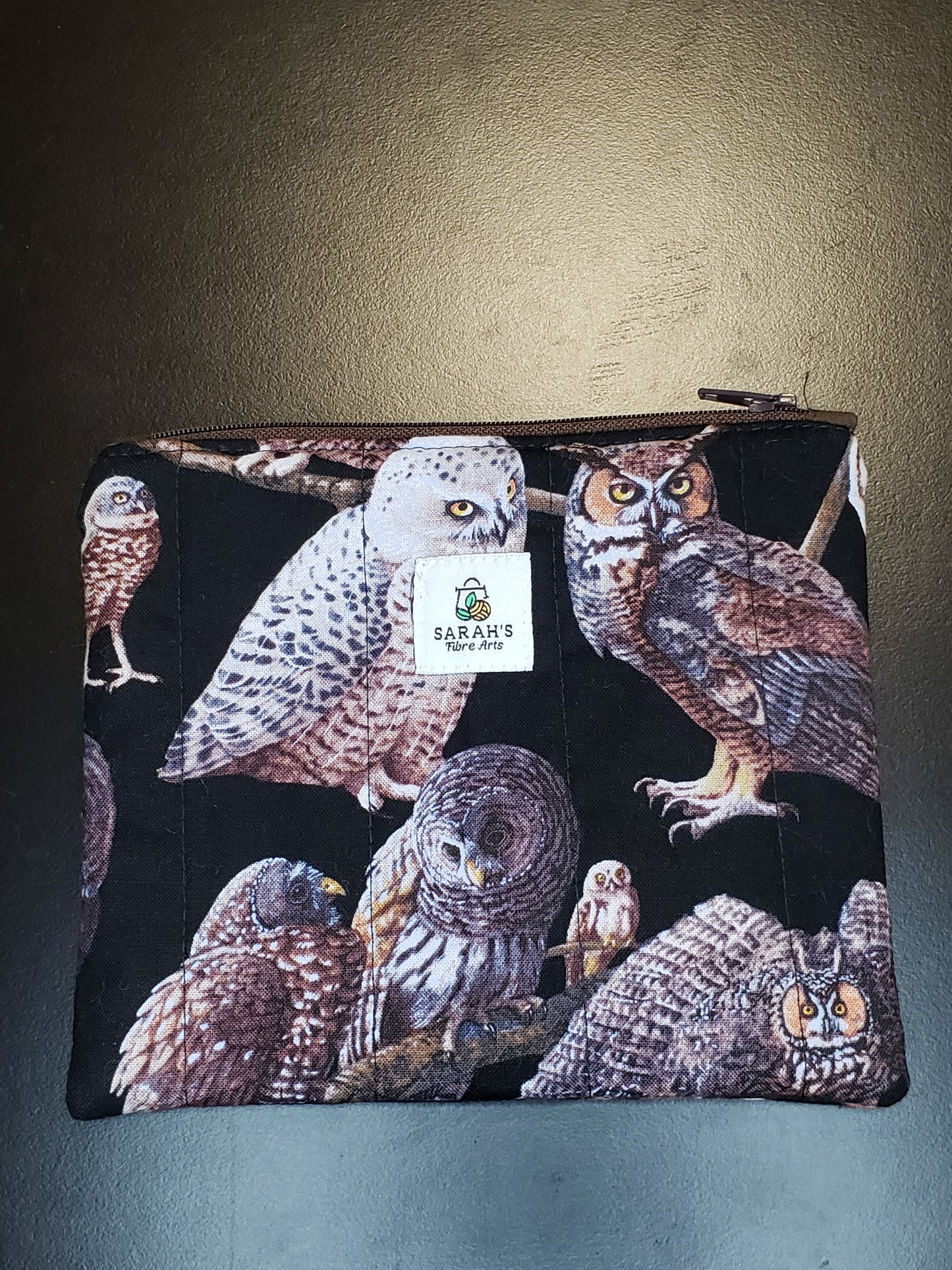 Zippered pouch, Owl notions bag, Owl coin purse, black coin bag
