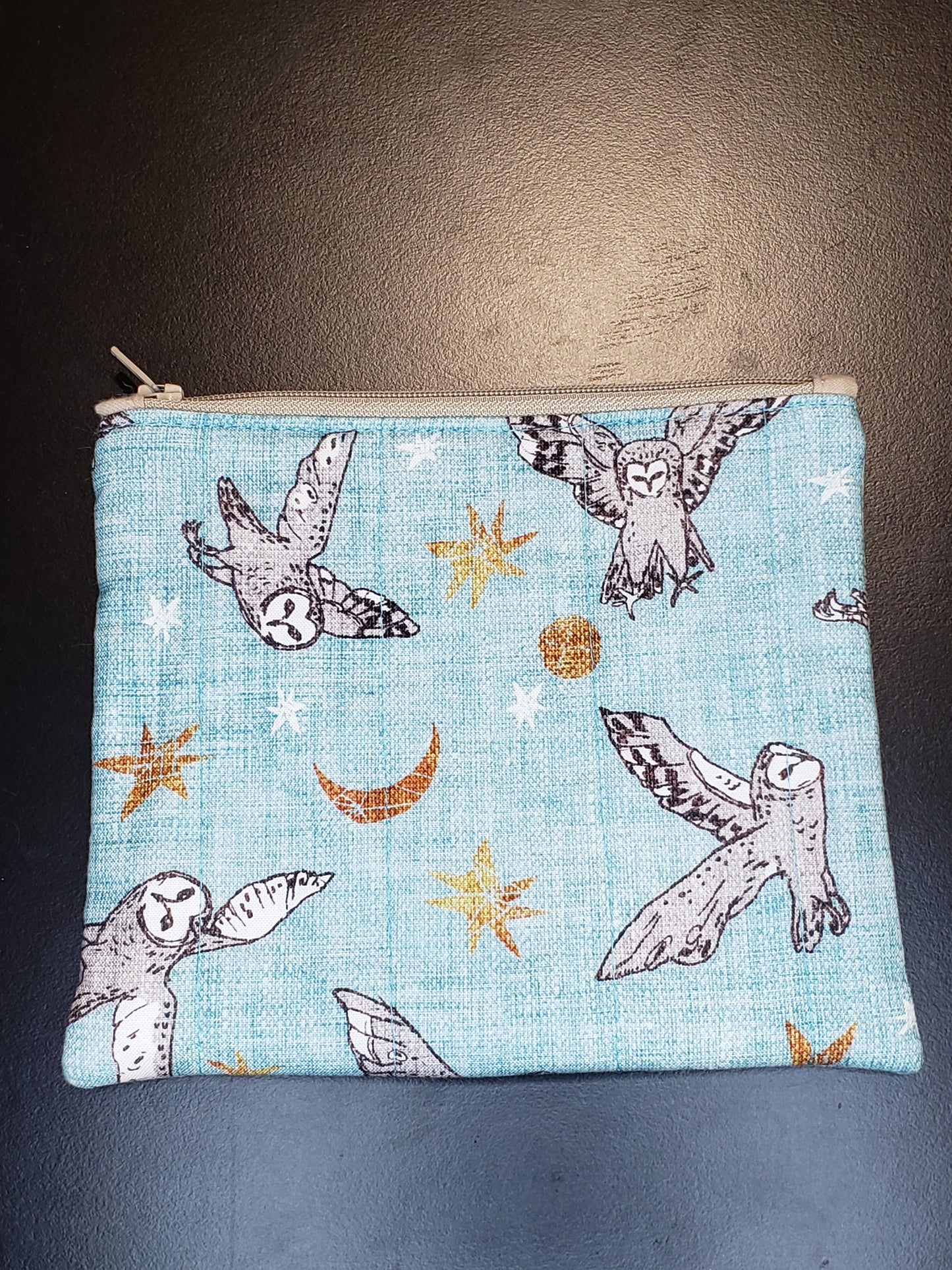 Zippered pouch, Owl notions bag, Owl coin purse, turquoise coin bag