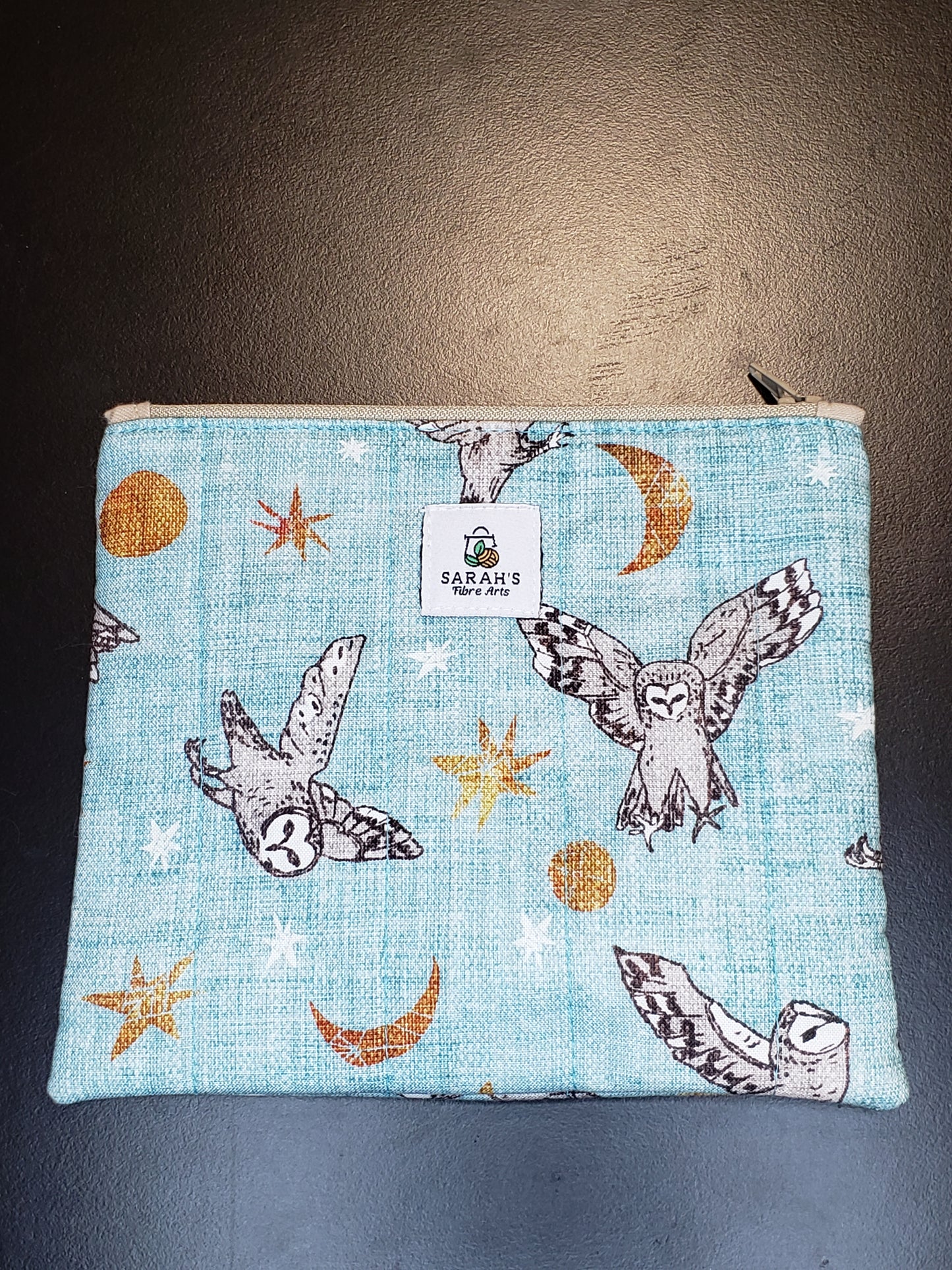 Zippered pouch, Owl notions bag, Owl coin purse, turquoise coin bag