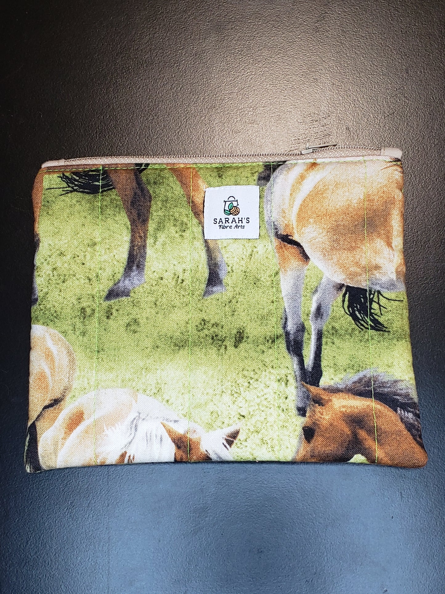 Zippered pouch, Horses notions bag, Horse coin purse, green coin bag