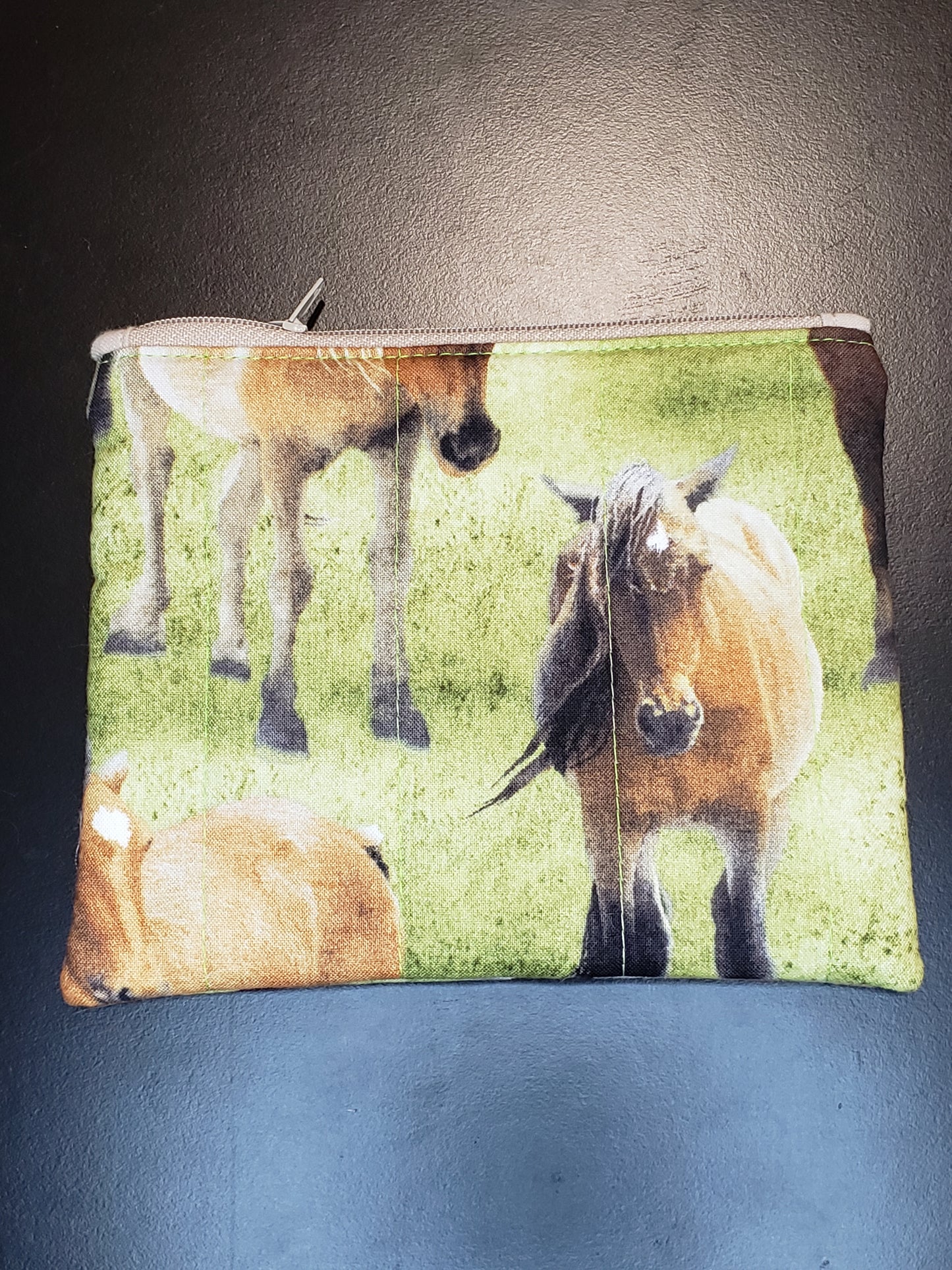 Zippered pouch, Horses notions bag, Horse coin purse, green coin bag