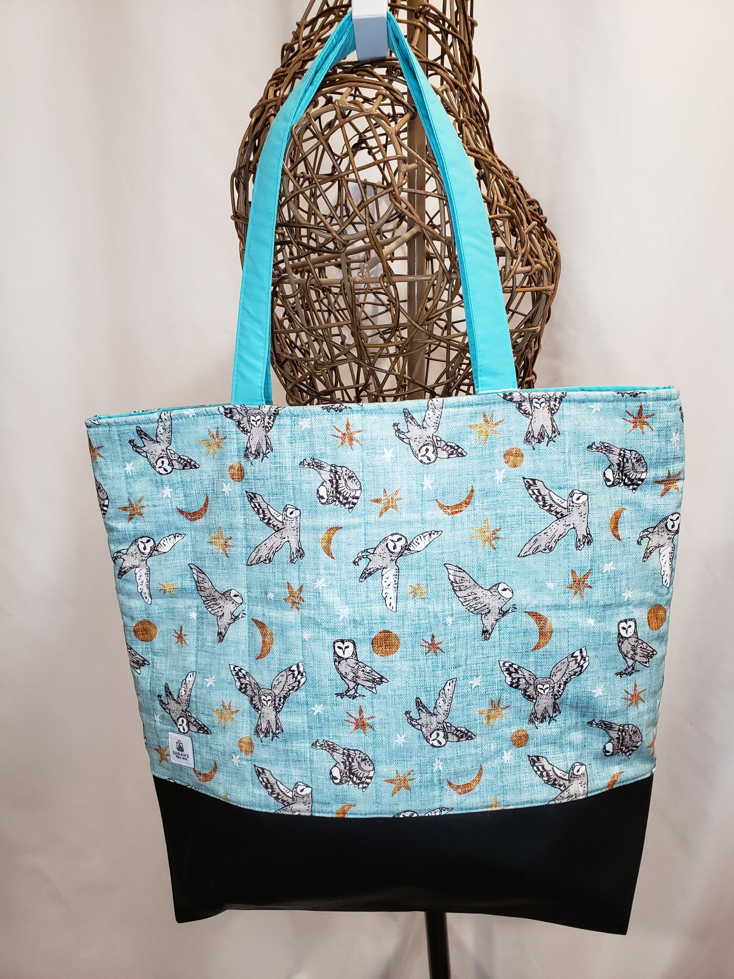Tote Bag, Owl Tote Bag, Turquoise Tote bag, Turquoise project bag, Owl Project bag, Owl travel bag, Large travel bag, Large carry bag