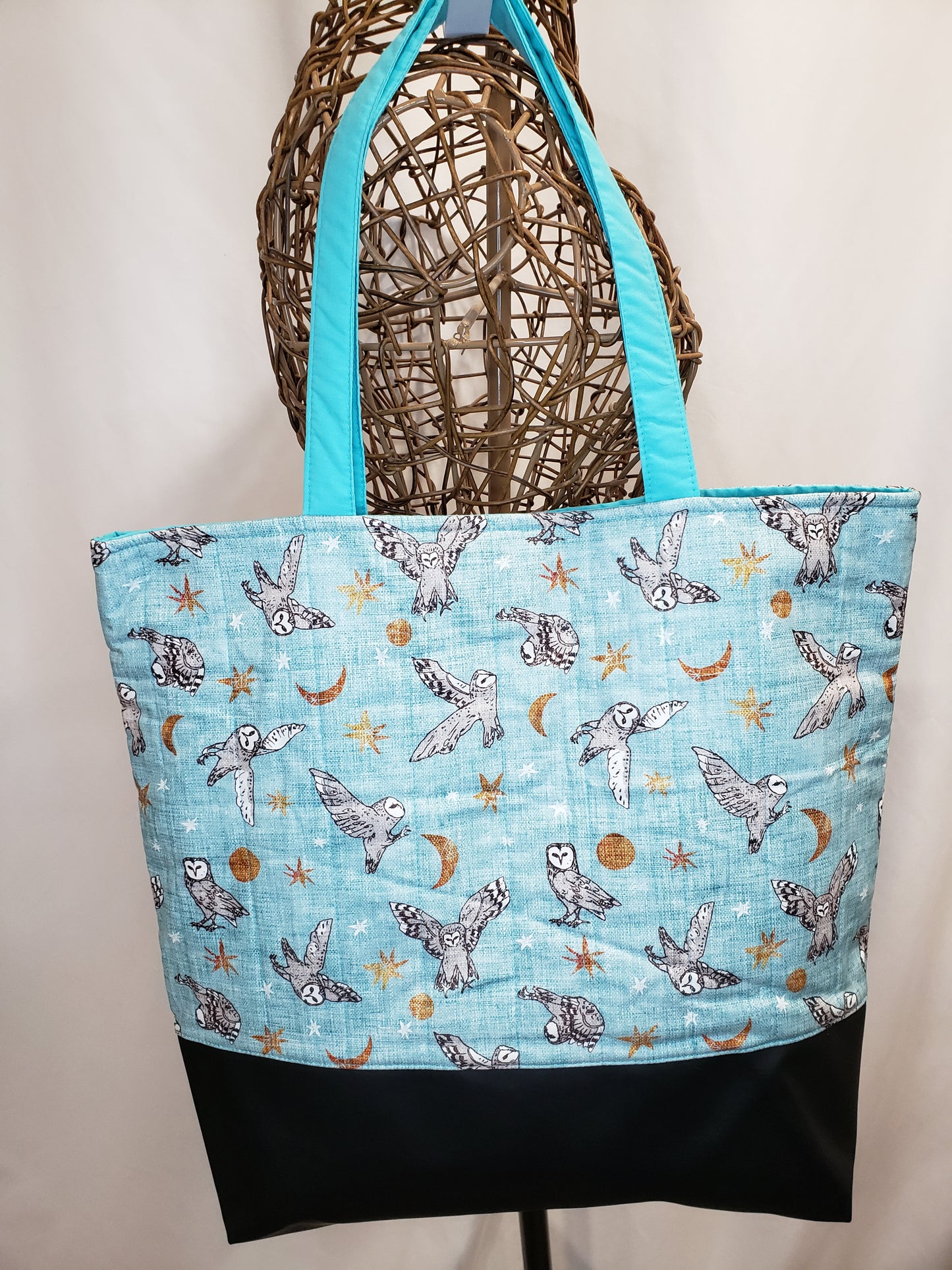 Tote Bag, Owl Tote Bag, Turquoise Tote bag, Turquoise project bag, Owl Project bag, Owl travel bag, Large travel bag, Large carry bag