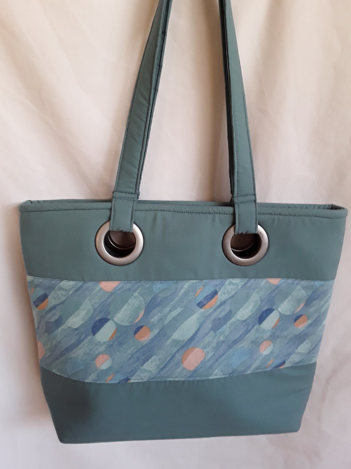 Handbag in Teal fabric with Grommet handles, Teal Shoulder Bag