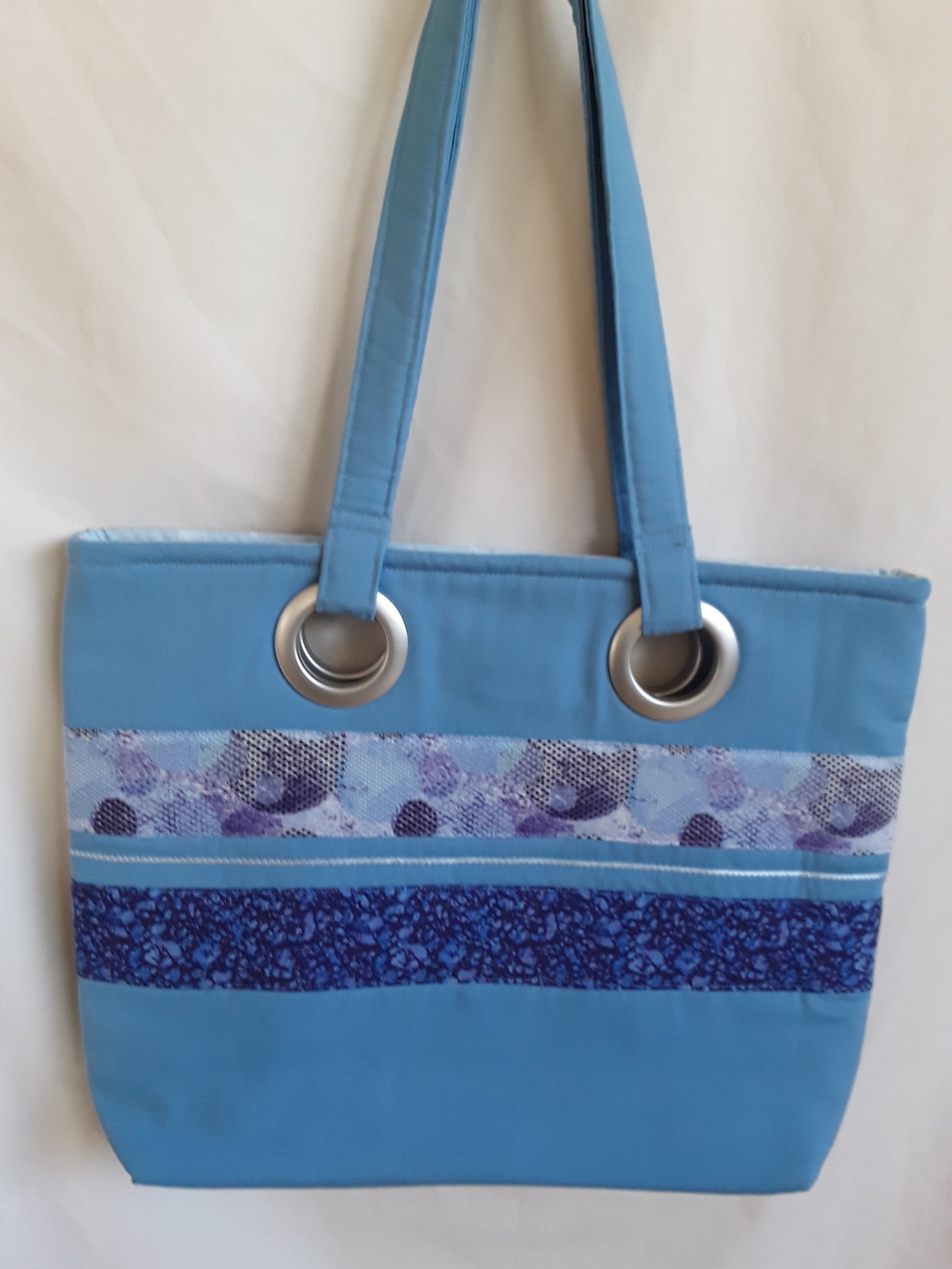 Handbag in Blue and Purple fabric with Grommet handles, Blue Shoulder Bag