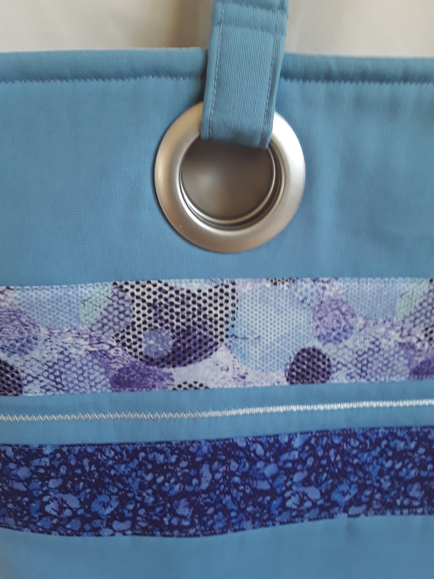 Handbag in Blue and Purple fabric with Grommet handles, Blue Shoulder Bag