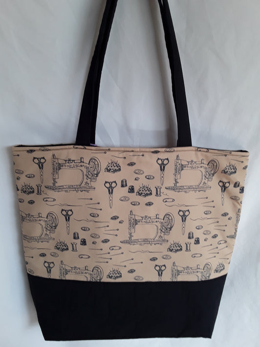 Tote bag, Sewing Tote Bag, Quilted Tote Bag, Sewing Notions Tote Bag, Antique Notions tote bag, brown tote bag, brown project bag, Travel bag, Large carry bag, Quilted tote bag