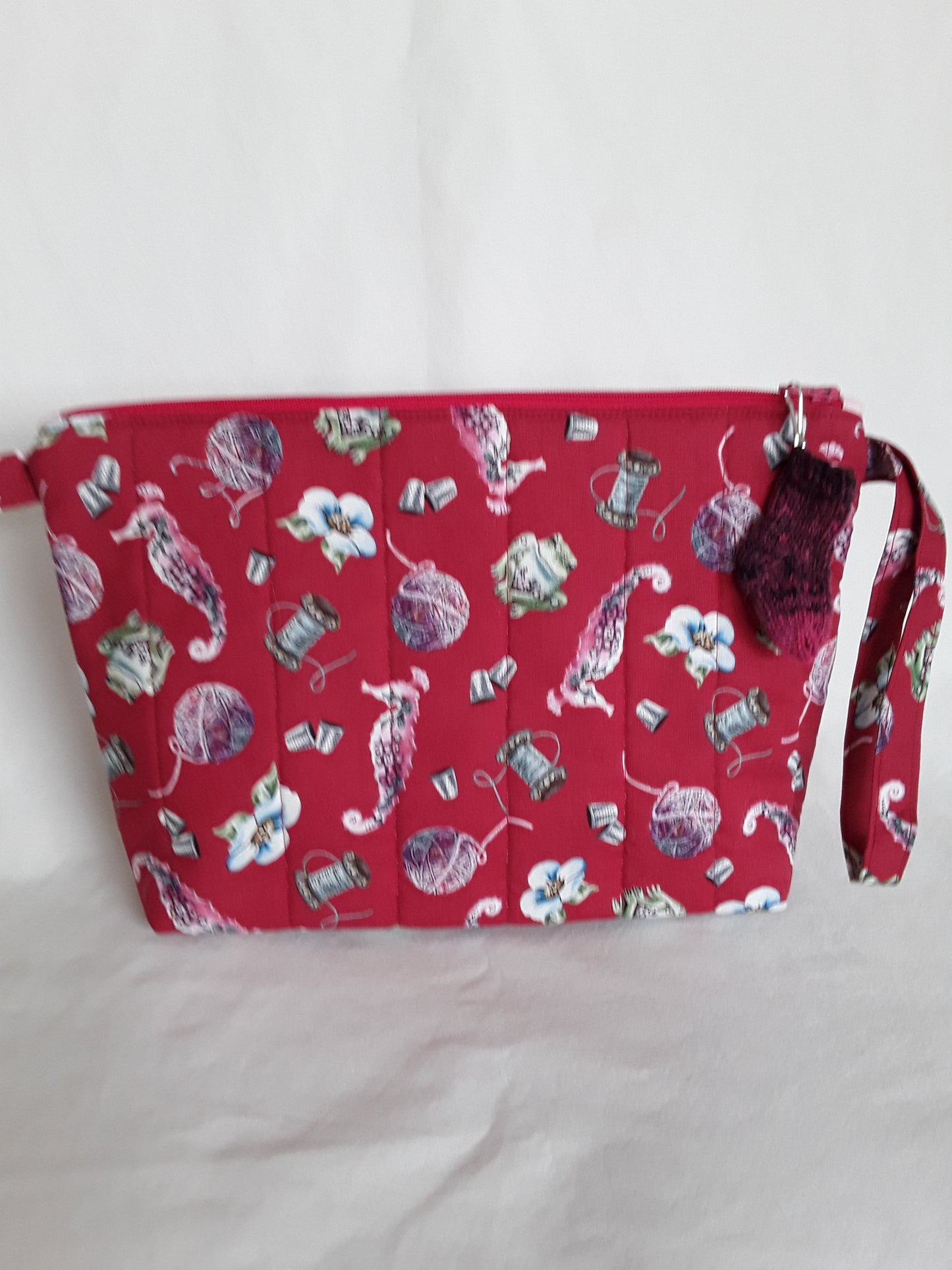 Zippered bag, Sea horse small project bag, Red project bag, Sewing cosmetics bag, Zippered bag with handle