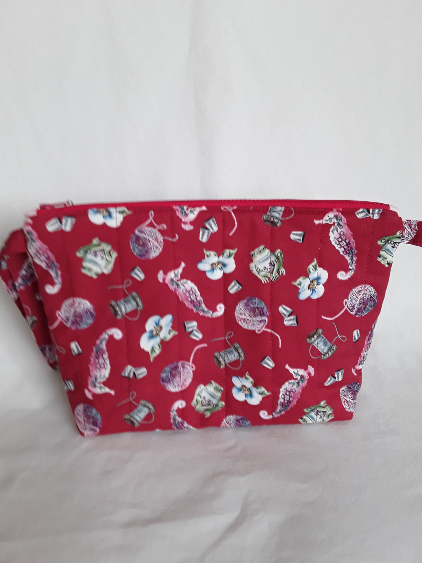 Zippered bag, Sea horse small project bag, Red project bag, Sewing cosmetics bag, Zippered bag with handle