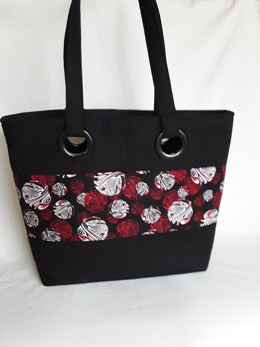 Black elegant Grommet Handbag with Red, Black & White Indigenous print fabric