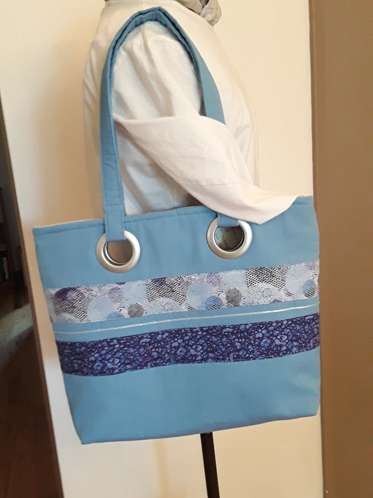 Handbag in Blue and Purple fabric with Grommet handles, Blue Shoulder Bag