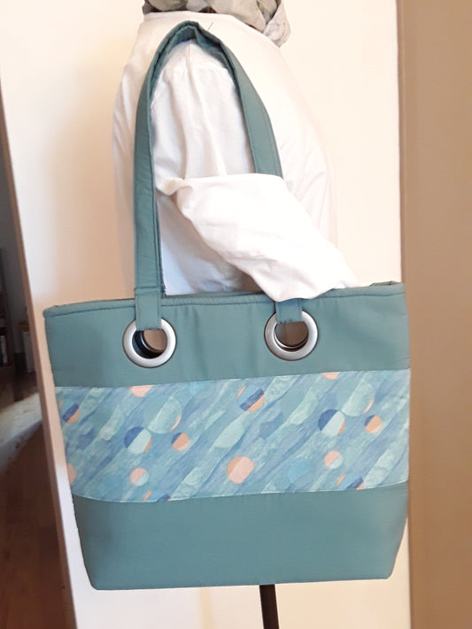 Handbag in Teal fabric with Grommet handles, Teal Shoulder Bag