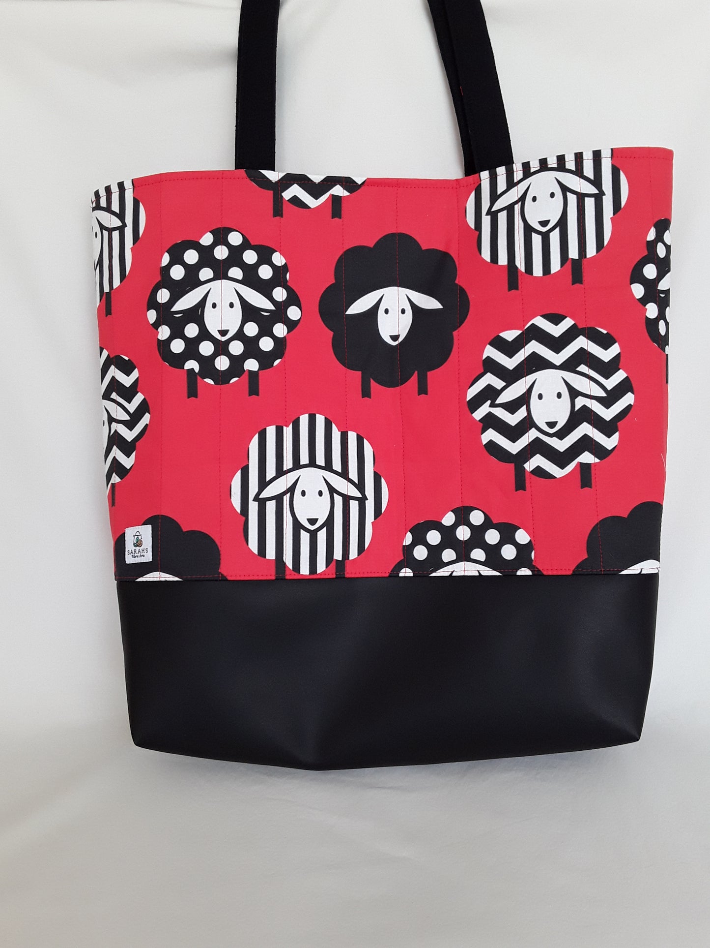 Tote bag, Red and Black Sheep Tote Bag, Quilted Tote Bag, Sheep Tote Bag