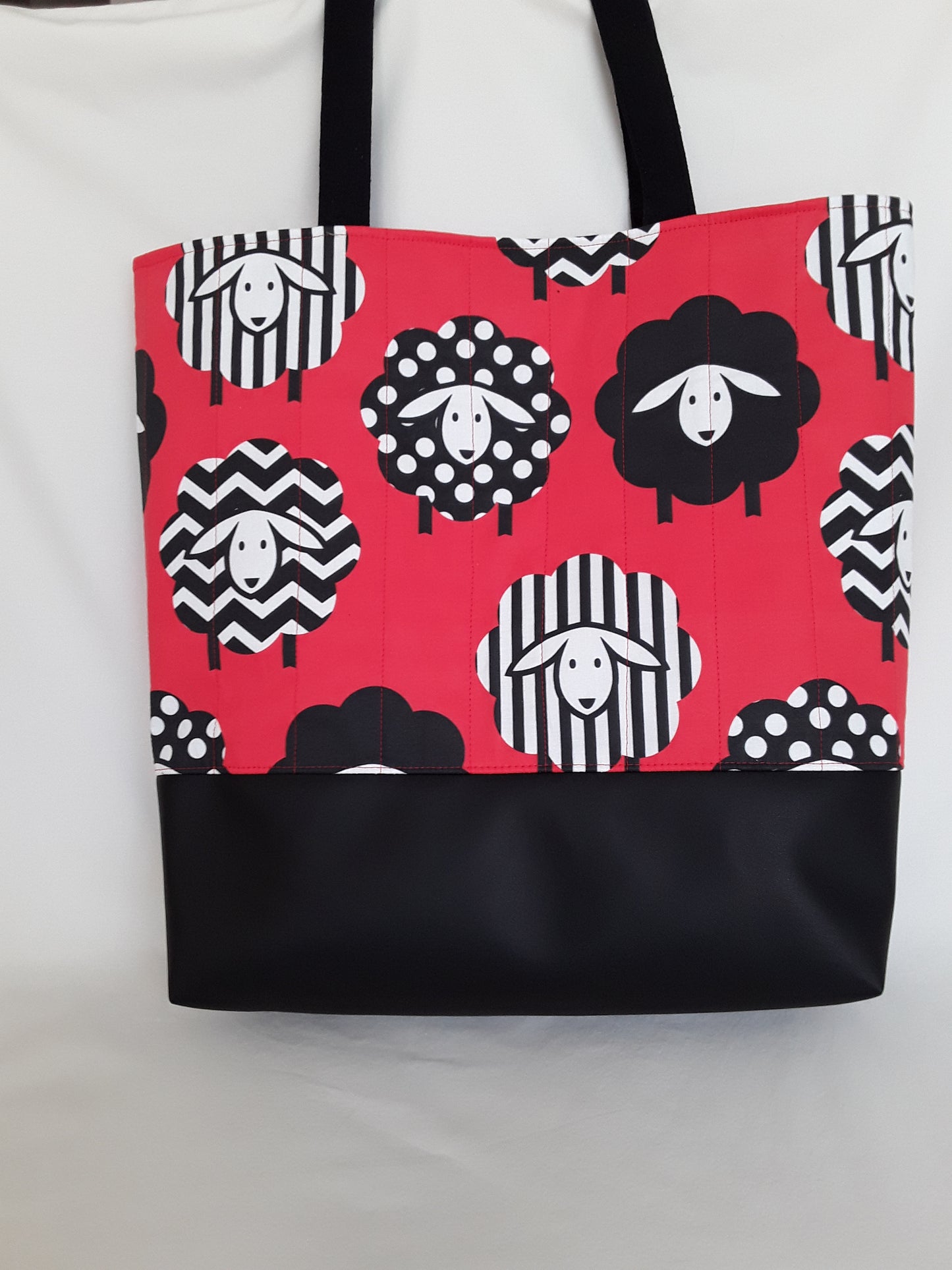 Tote bag, Red and Black Sheep Tote Bag, Quilted Tote Bag, Sheep Tote Bag