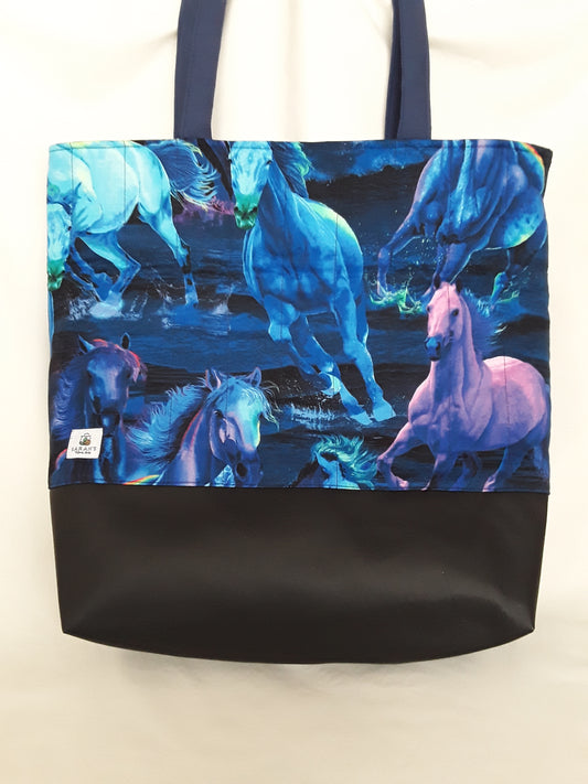 Blue and Lilac Horses Tote Bag, Quilted Tote Bag, Horse Tote Bag