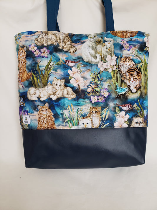 Blue Cats Tote Bag, Quilted Tote Bag, Cat Tote Bag