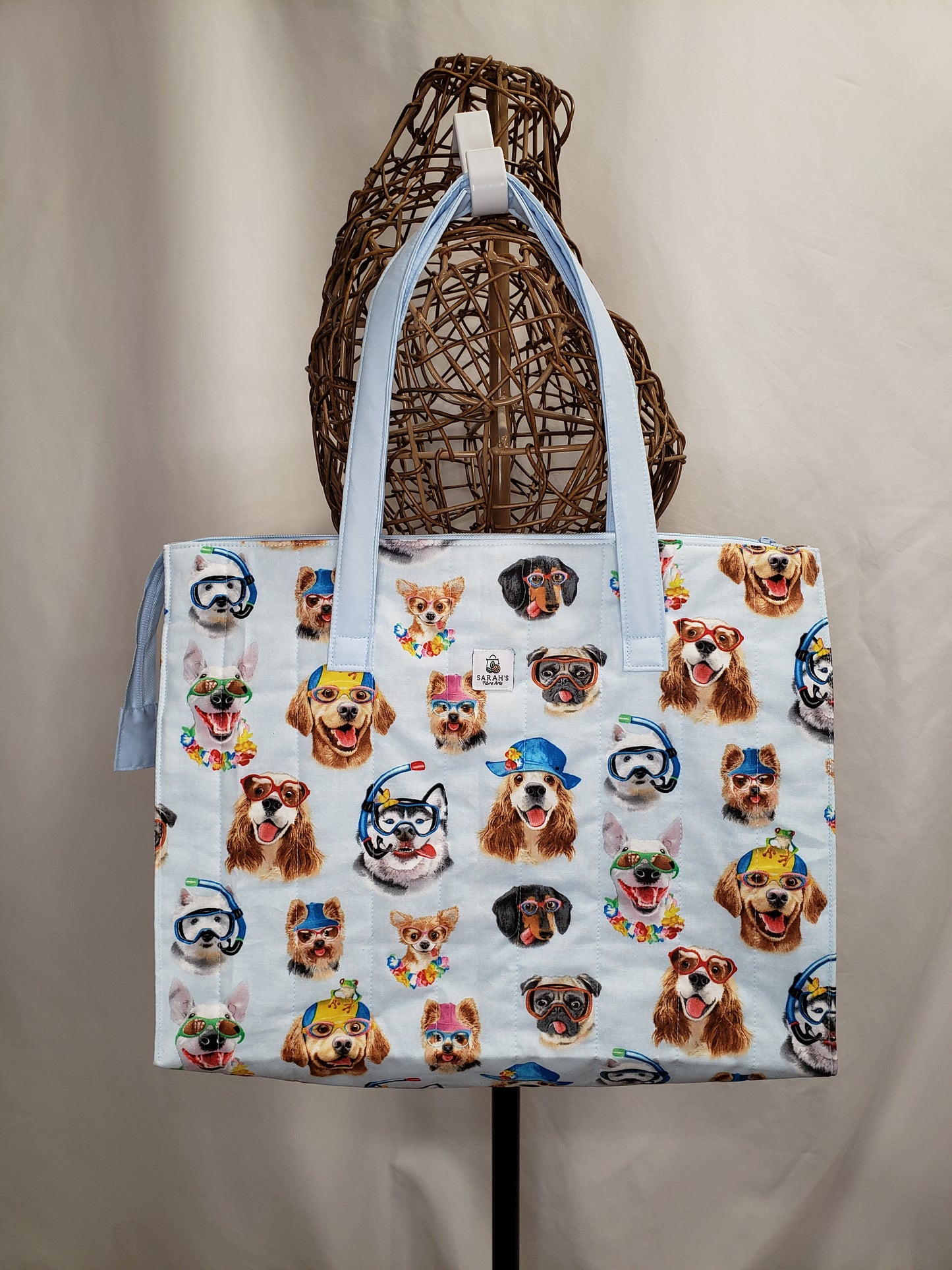 Tote Bag, Dog Zippered Tote Bag, Quilted Tote bag, Dog Carry bag, Large Project bag, Large travel bag