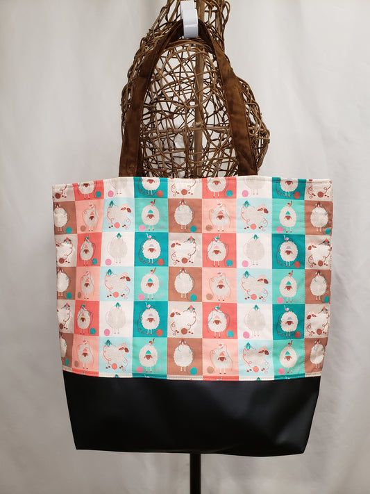 Tote Bag, Knitting Sheep Tote Bag, Quilted Tote Bag, Sheep Tote Bag