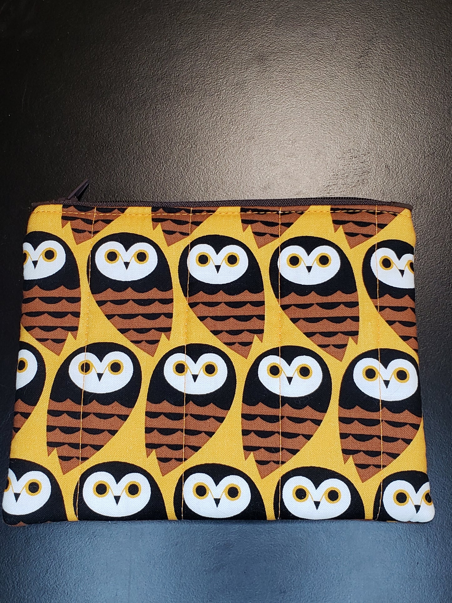 Zippered pouch, Owl notions bag, Owl coin purse, brown coin bag