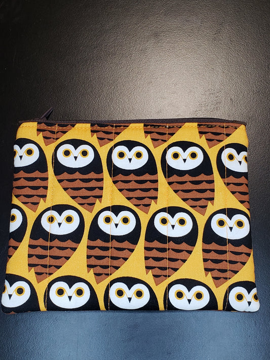 Zippered pouch, Owl notions bag, Owl coin purse, brown coin bag