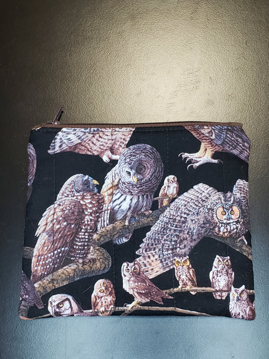 Zippered pouch, Owl notions bag, Owl coin purse, black coin bag