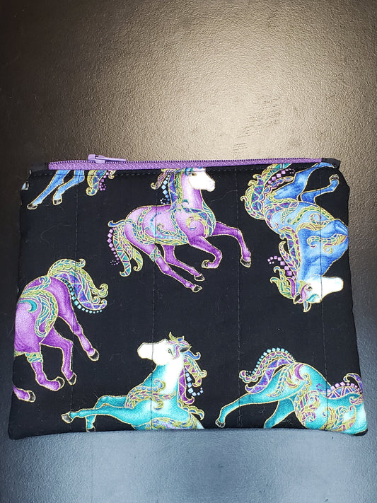 Zippered pouch, Horses notions bag, Horse coin purse, black coin bag