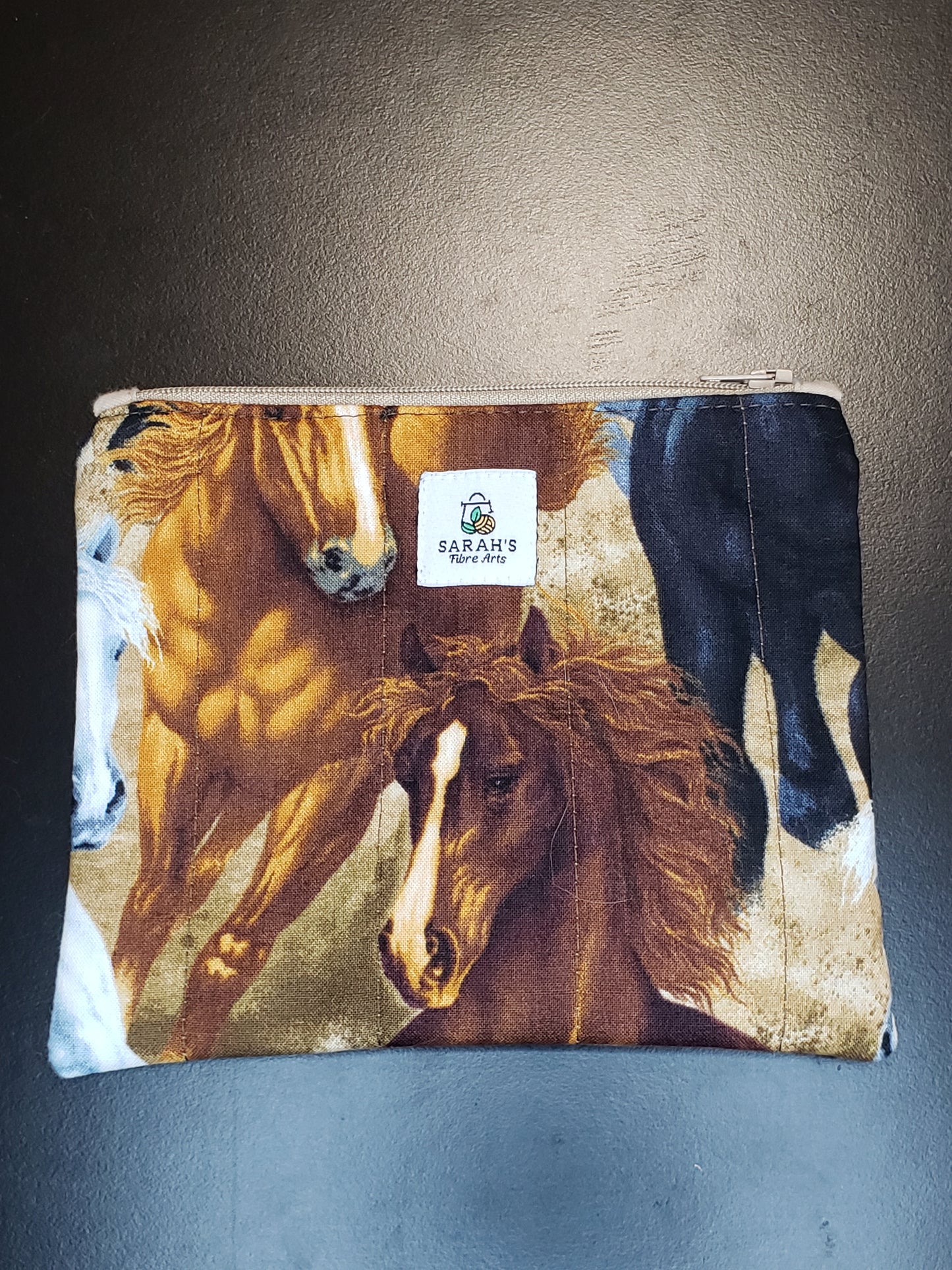 Zippered pouch, Horses notions bag, Horse coin purse, brown coin bag