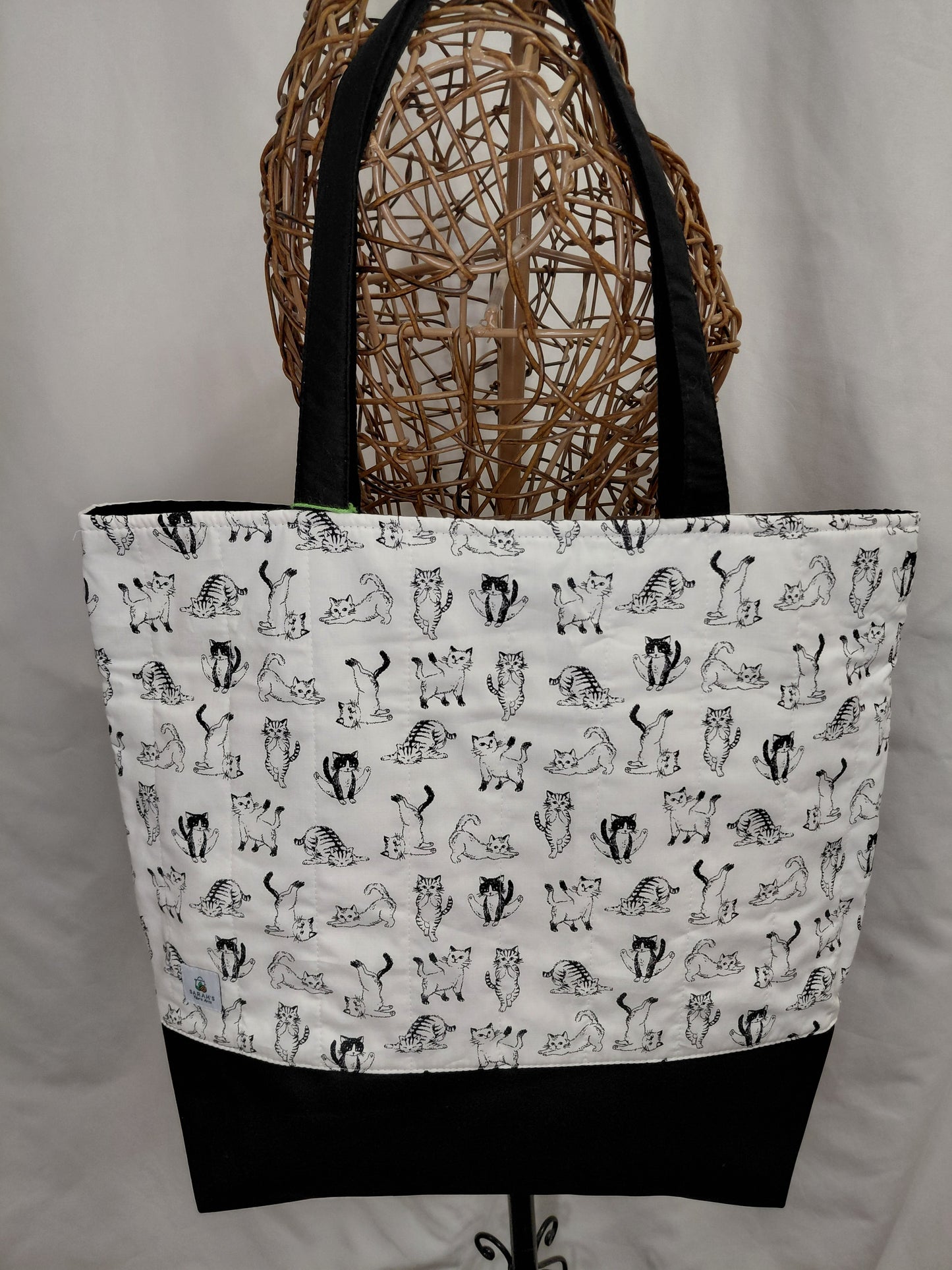 Tote Bag, Black and White tote bag, Cats Tote Bag, Quilted Tote Bag, Cat Tote Bag