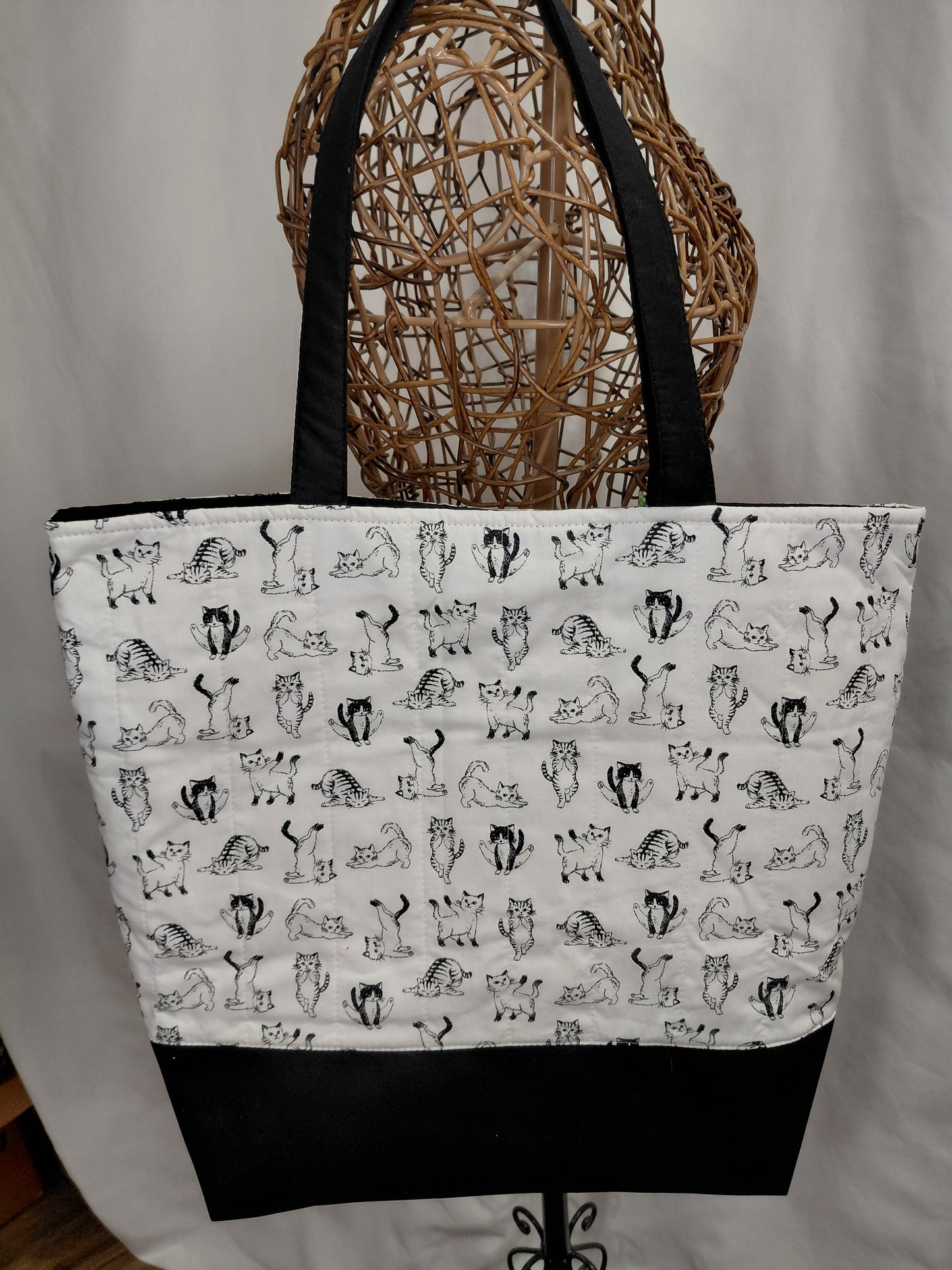 Tote Bag, Black and White tote bag, Cats Tote Bag, Quilted Tote Bag, Cat Tote Bag