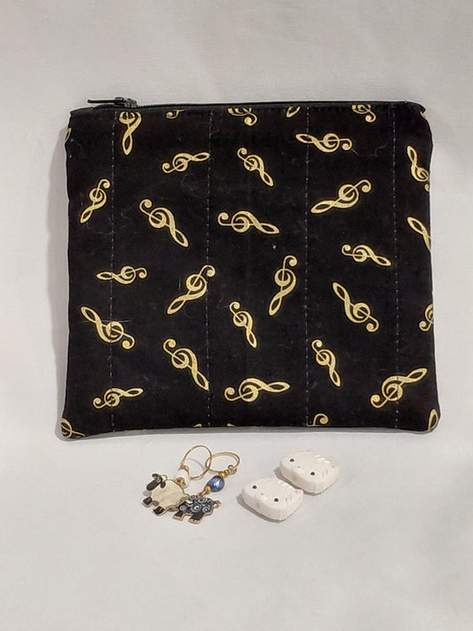 Zippered pouch, Music notes notions bag/coin purse, Black Notions Bag, Music Zippered purse, Music zippered pouch, Music coin bag